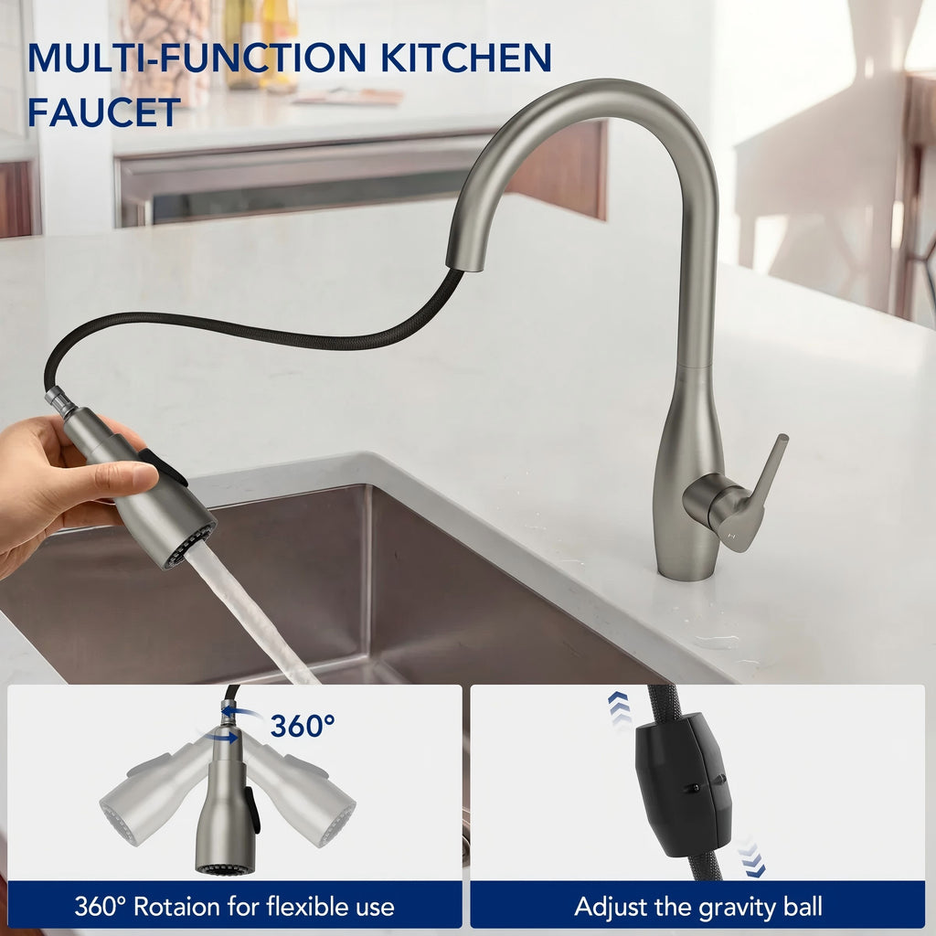 Dual-Function Single-Handle Pull-Down Kitchen Faucet with 360 Degree Swivel Spout LP1068-CF - Stainless Steel