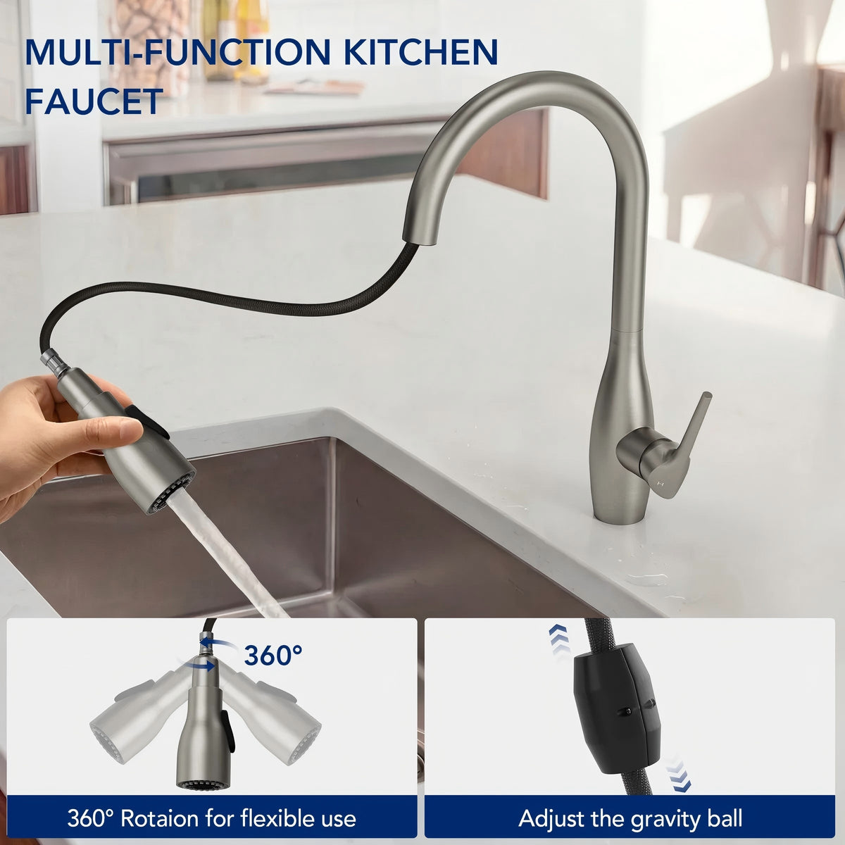 Dual-Function Single-Handle Pull-Down Kitchen Faucet with 360 Degree Swivel Spout LP1068-CF - Stainless Steel