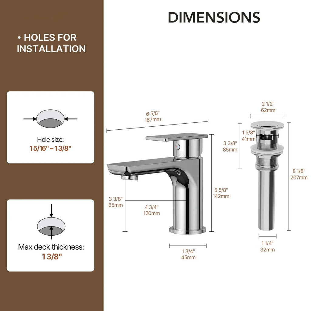 Single Hole Bathroom Faucet with Drain Assembly, Single Handle Bathroom Sink Faucet LP002101-YS - Chrome