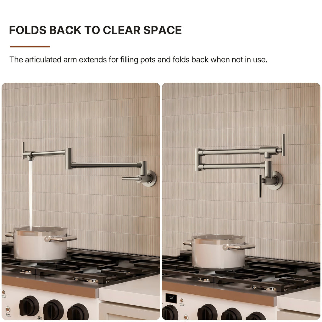 Wall Mount Pot Filler Faucet with Retractable Arm, 2-Handle Kitchen Faucet for Stove Use LP108-CF- Brushed Nickel