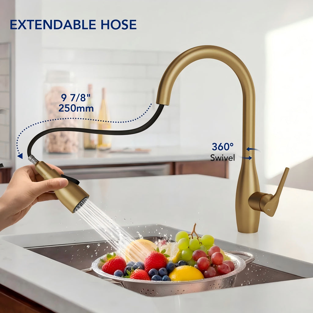 Dual-Function Single-Handle Pull-Down Kitchen Faucet with 360 Degree Swivel Spout LP0412-CF - Brushed Gold
