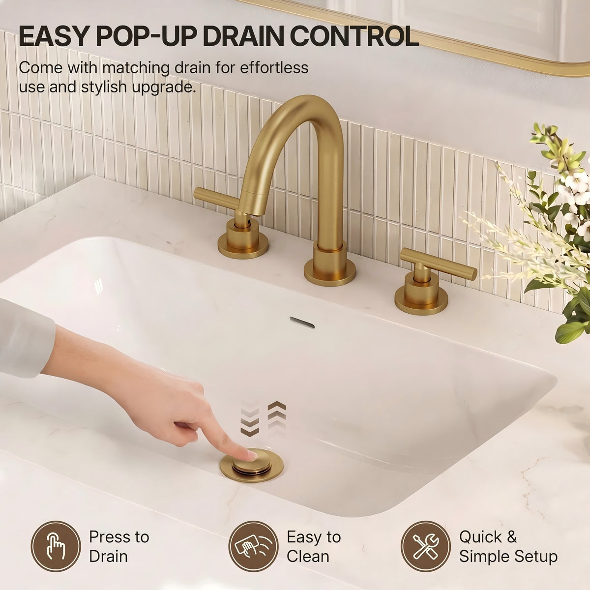 Widespread Bathroom Faucet 3 Hole, 2-Handle Bathroom Sink Faucet with Drain Assembly LP03006-YS - Brushed Gold