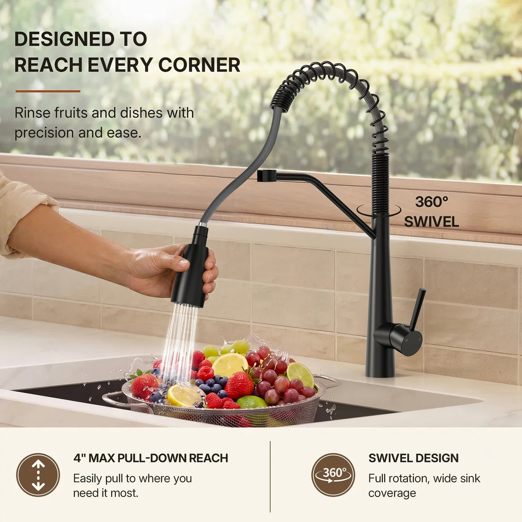 Commercial Dual-Function Pull Down Kitchen Faucet with High Arc Spring Spout LP0557-CFK - Matte Black