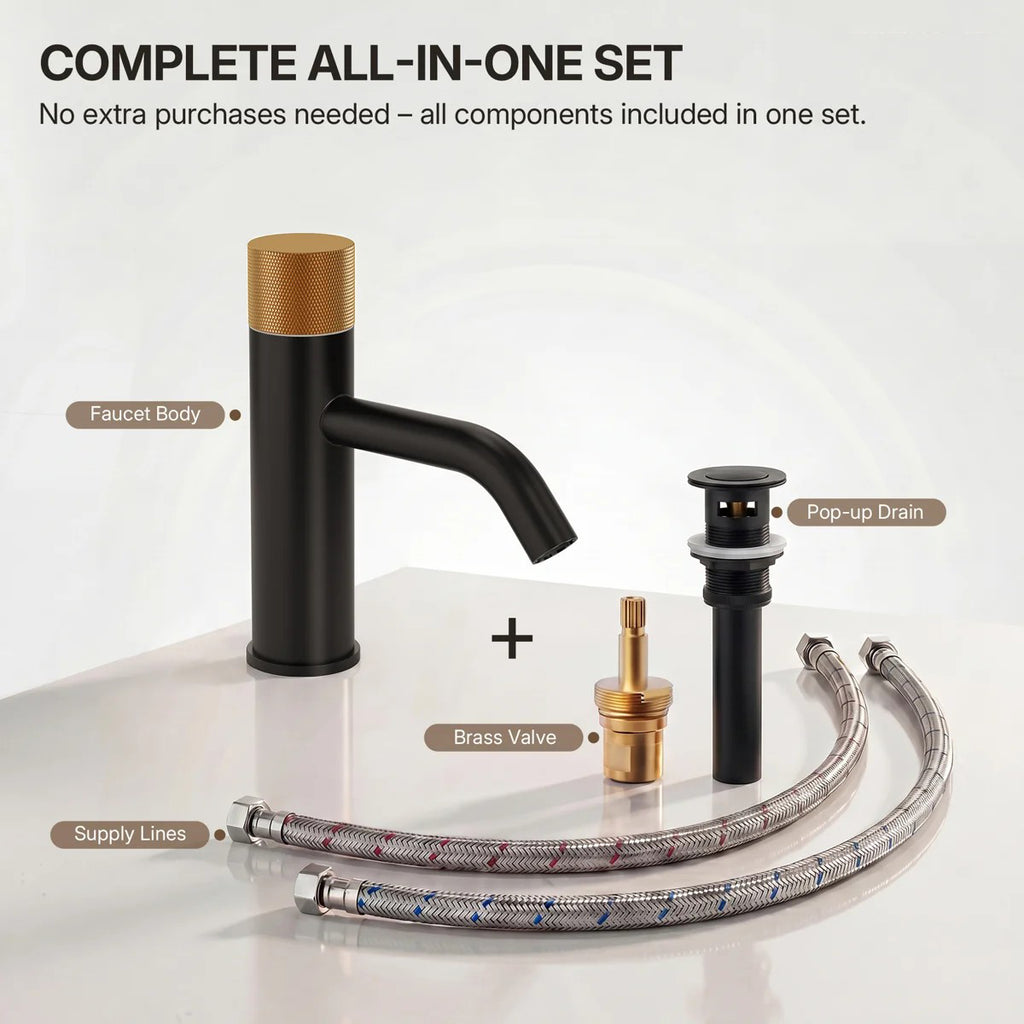 Single Hole Bathroom Faucet,Knob Single Handle Bathroom Sink Faucet with Drain Assembly LP0088-YS - Matte Black/Brushed Gold