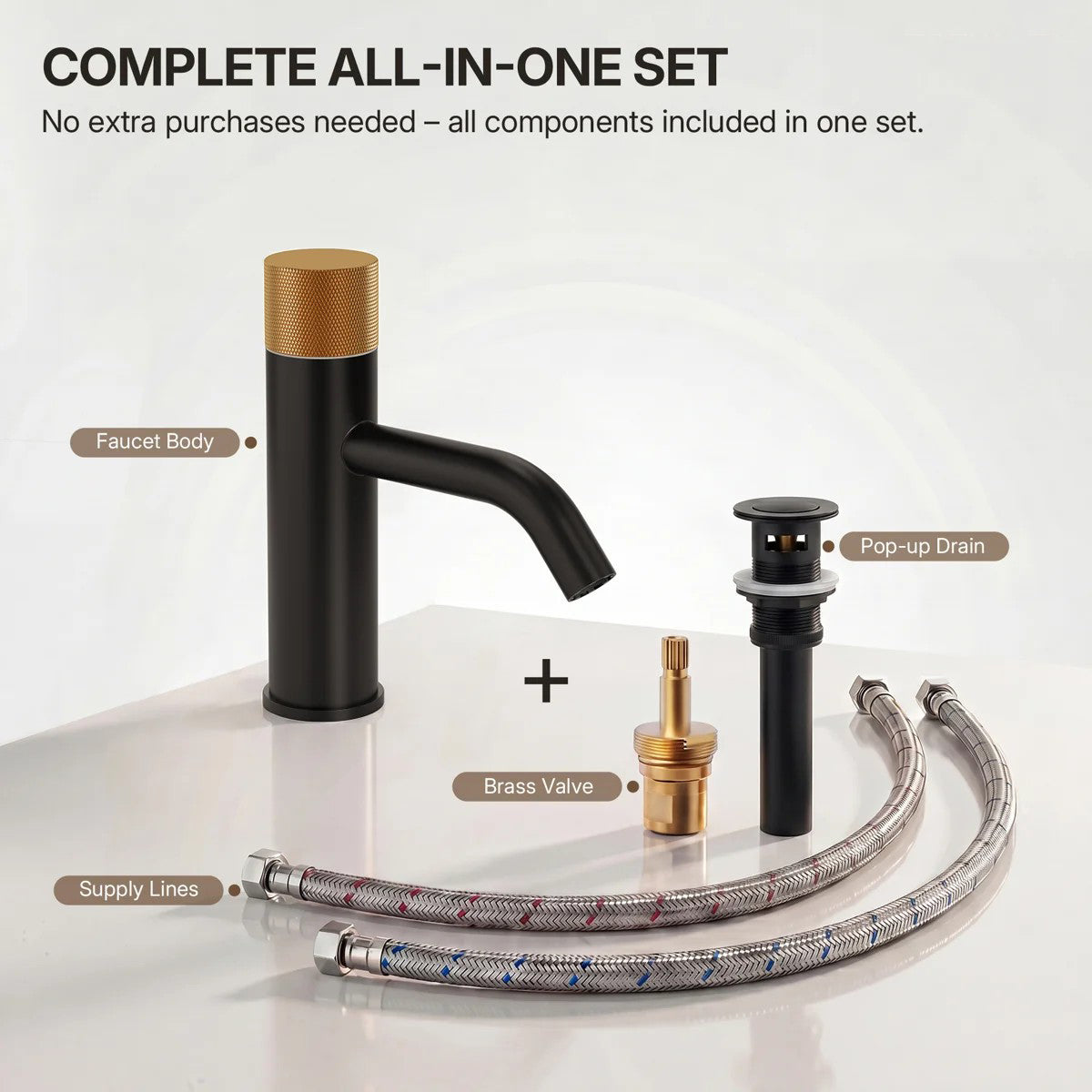 Single Hole Bathroom Faucet,Knob Single Handle Bathroom Sink Faucet with Drain Assembly LP0088-YS - Matte Black/Brushed Gold