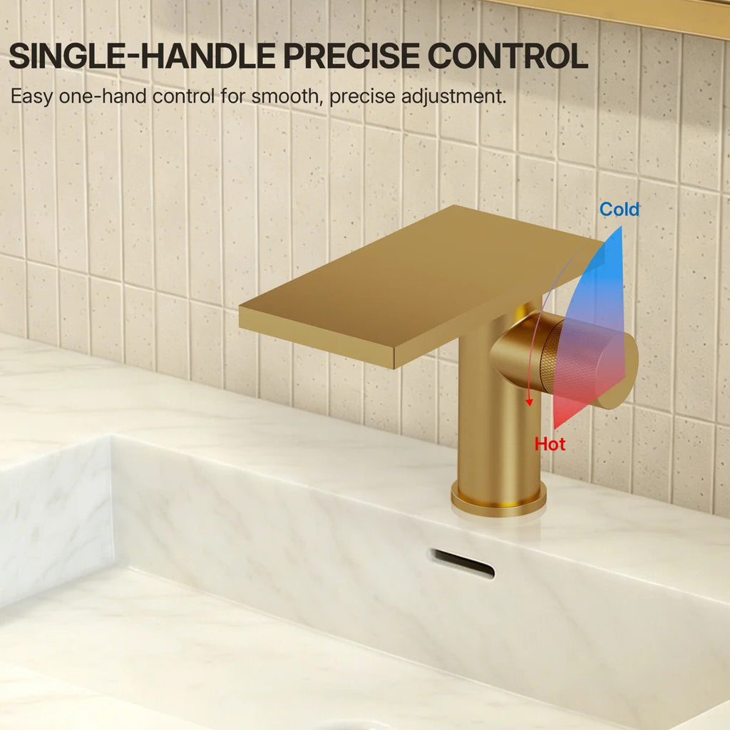 Single Hole Bathroom Faucet, Single-Handle Waterfall Sink Faucet with Drain Assembly LP023-YS - Brushed Gold