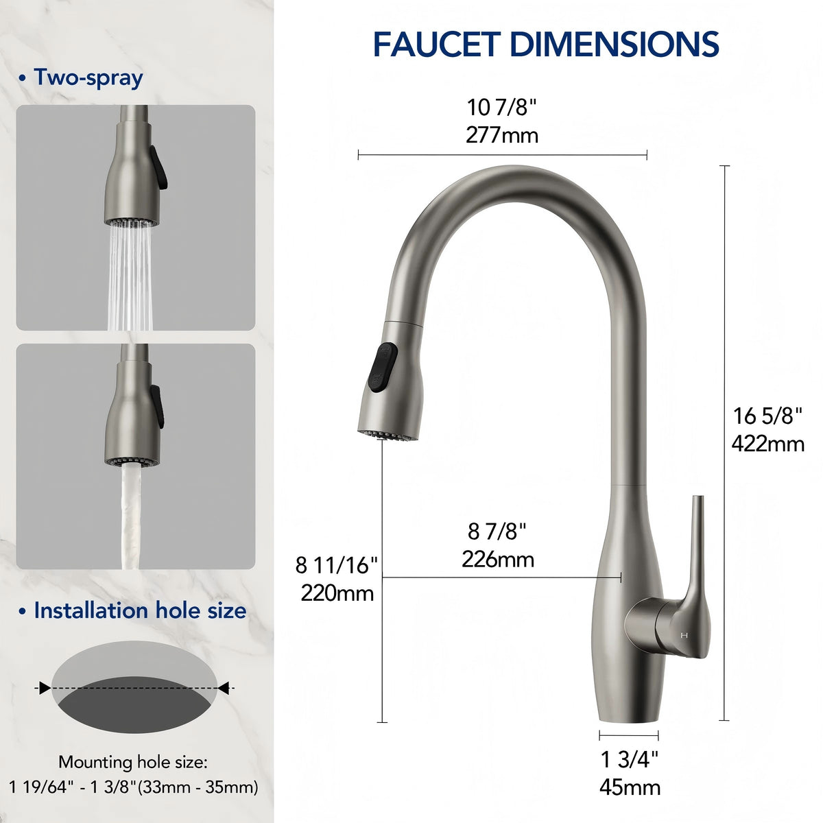 Dual-Function Single-Handle Pull-Down Kitchen Faucet with 360 Degree Swivel Spout LP1068-CF - Stainless Steel