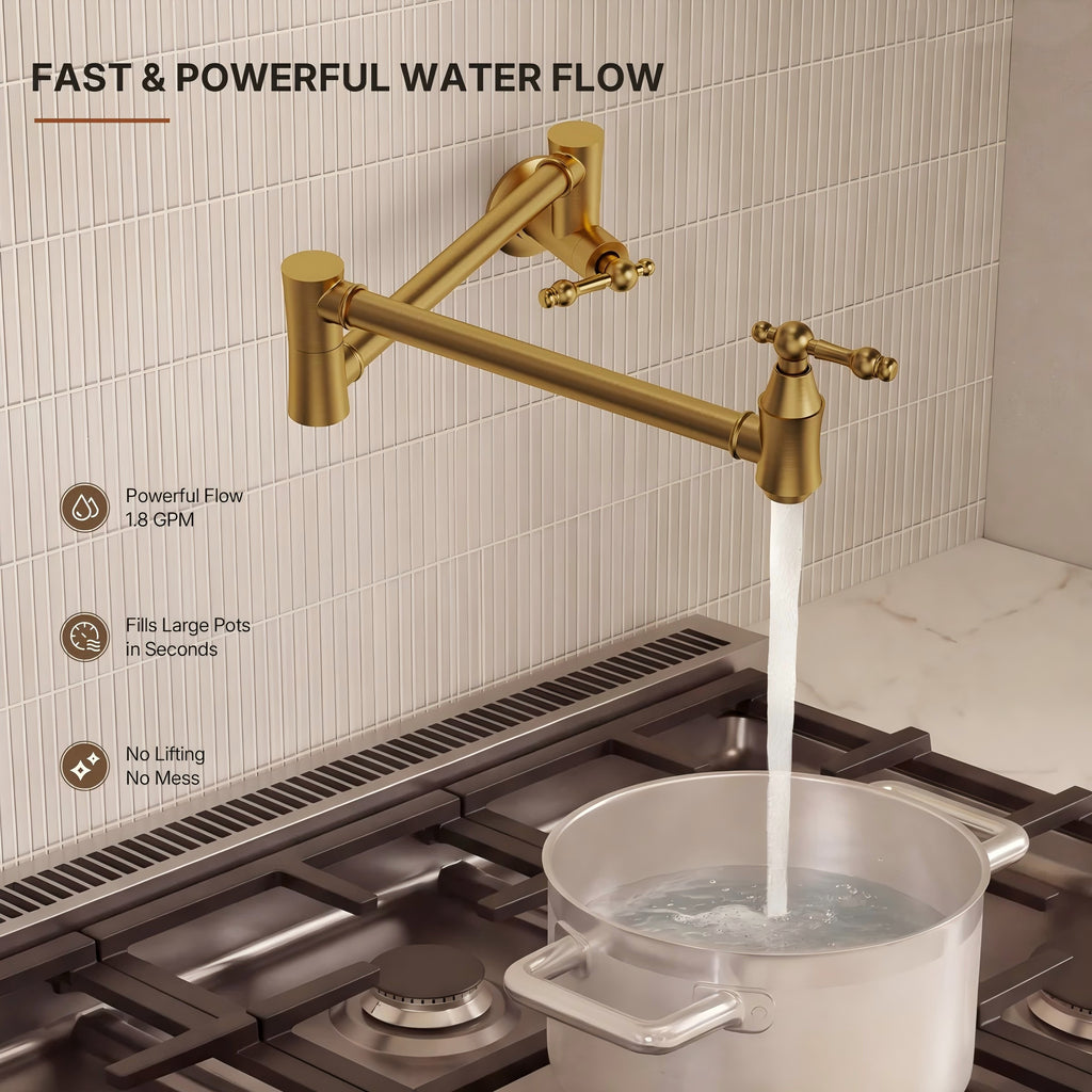Brass Wall-Mount Pot Filler Kitchen Faucet with Swing Arms LP15W-CF - Brushed Gold