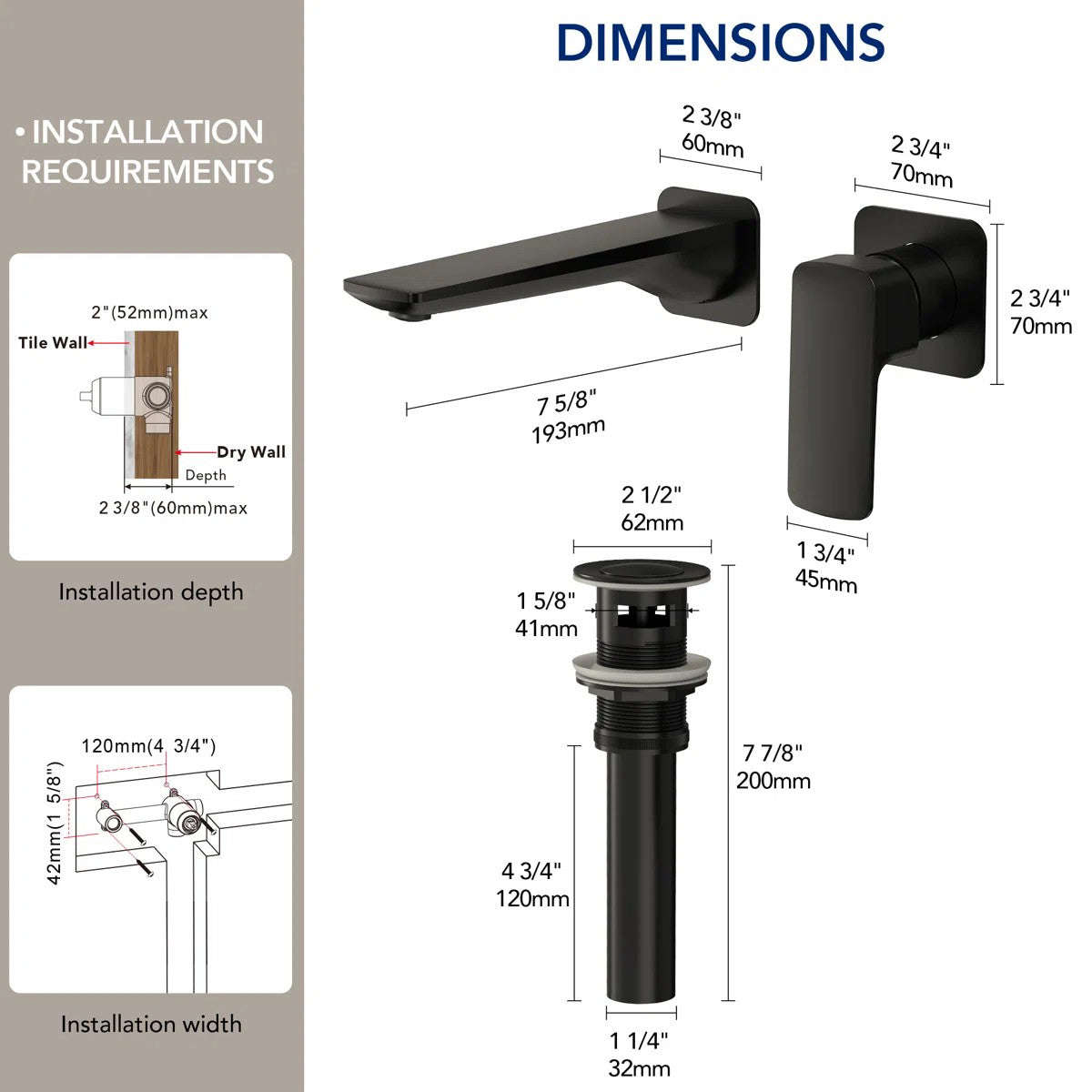 Wall Mounted Bathroom Faucet, Single-handle Bathroom Sink Faucet with Drain Assembly LP559932-YS - Matte Black