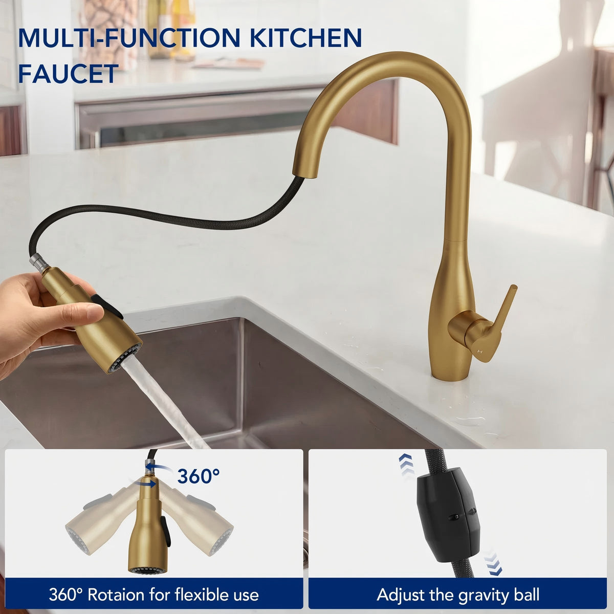 Dual-Function Single-Handle Pull-Down Kitchen Faucet with 360 Degree Swivel Spout LP0412-CF - Brushed Gold