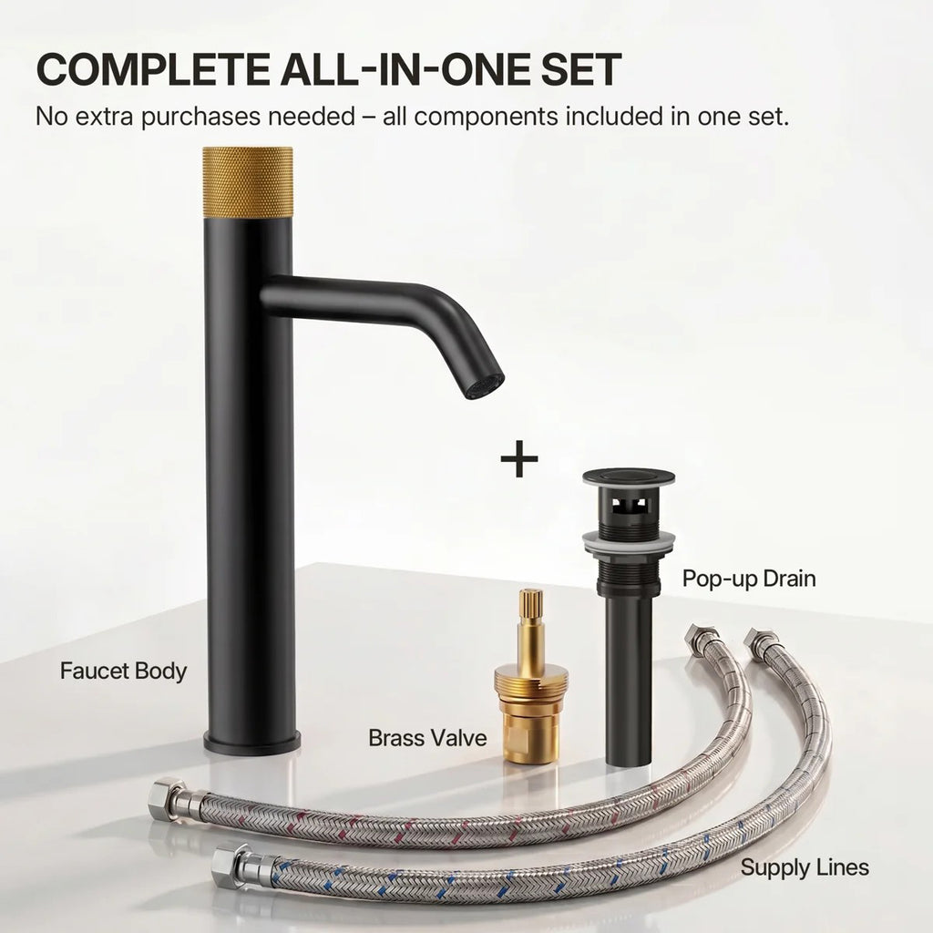 Single Hole Bathroom Vessel Faucet, Single Handle Bathroom Vessel Sink Faucet with Drain Assembly LP0220266-YS - Matte Black/Brushed Gold