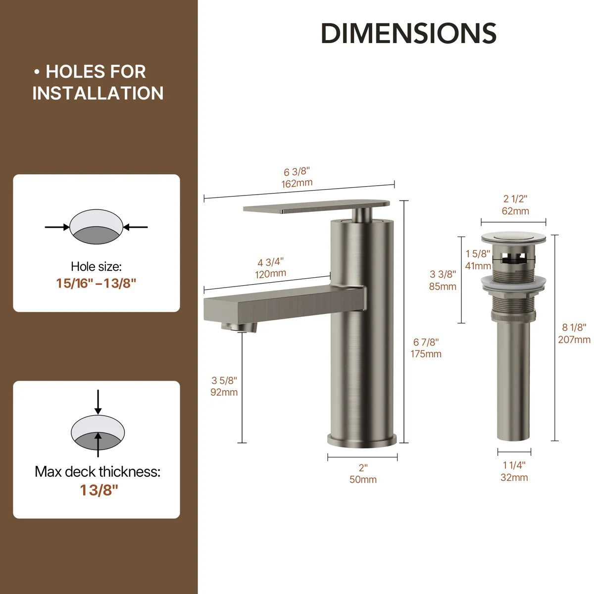Single Hole Bathroom Faucet, Single Handle Bathroom Sink Faucet with Drain Assembly LP001230-YS - Brushed Nickel