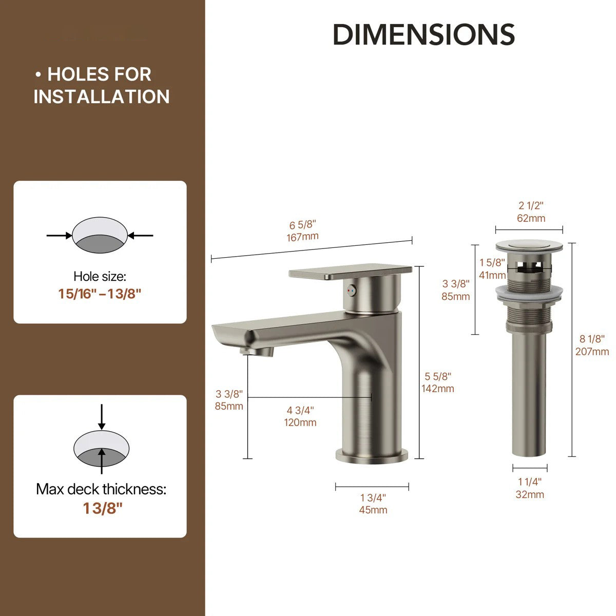 Single Hole Bathroom Faucet with Drain Assembly, Single Handle Bathroom Sink Faucet LP001023-YS - Brushed Nickel