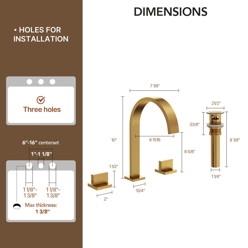 Widespread Bathroom Faucet 3 Hole, 2-handle Bathroom Sink Faucet with Drain Assembly LP0054568-YS - Brushed Gold