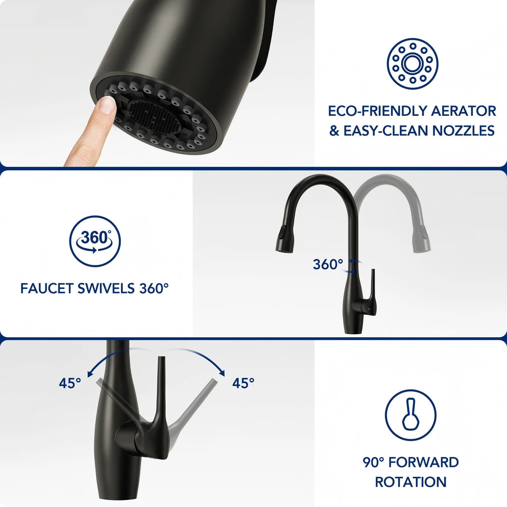 Dual-Function Single-Handle Pull-Down Kitchen Faucet with 360 Degree Swivel SpoutLP1067-CF - Matte Black