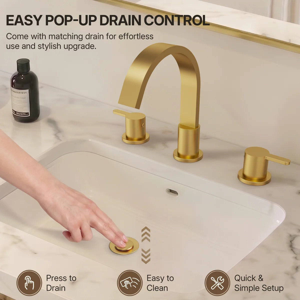 Widespread Bathroom Faucet 3 Hole, 2-handle Bathroom Sink Faucet with Drain Assembly LP00503-YS - Brushed Gold