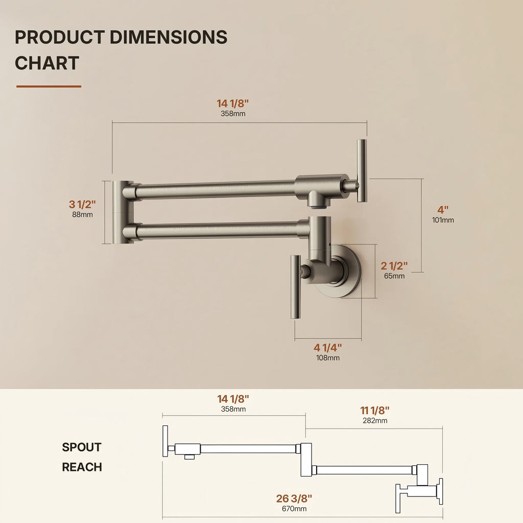 Wall Mount Pot Filler Faucet with Retractable Arm, 2-Handle Kitchen Faucet for Stove Use LP108-CF- Brushed Nickel