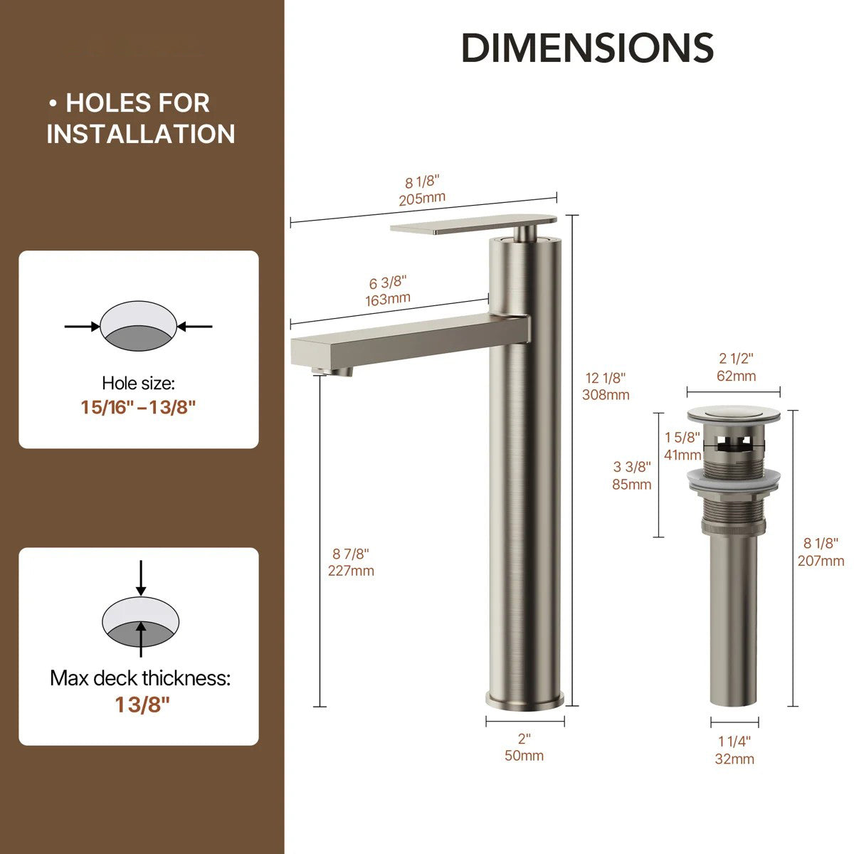 Single Hole Vessel Bathroom Faucet, Single Handle Vessel Bathroom Sink Faucet with Drain Assembly LP0094-YS - Brushed Nickel