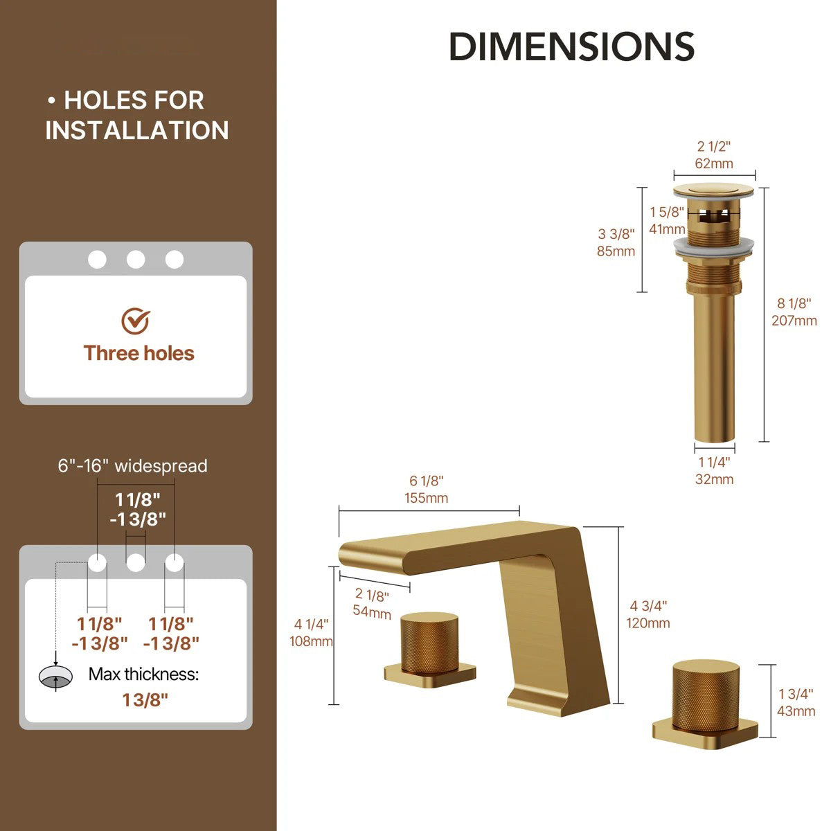 Widespread Bathroom Faucet 3 Hole, 2-handle Bathroom Sink Faucet with Drain Assembly LP00340-YS - Brushed Gold