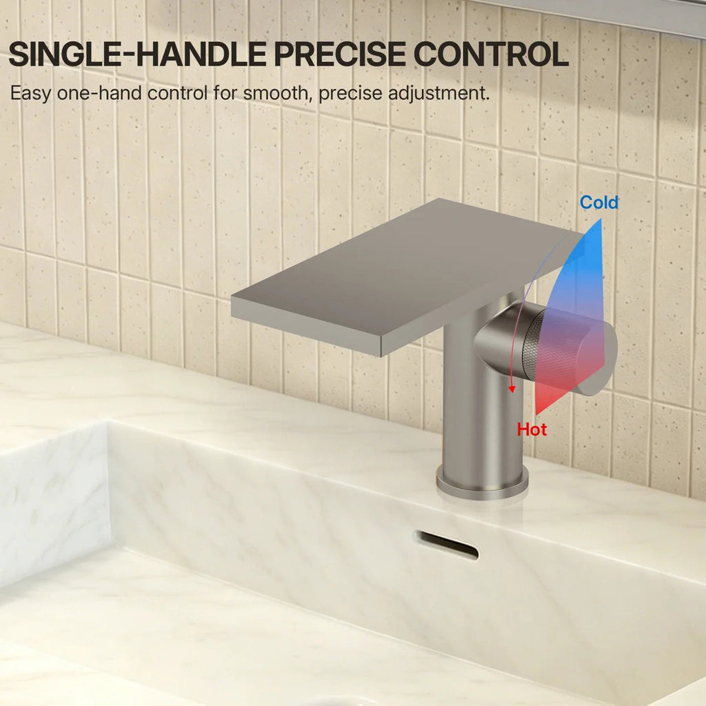 Single Hole Bathroom Faucet, Single-Handle Waterfall Sink Faucet with Drain Assembly LP0168-YS - Brushed Nickel