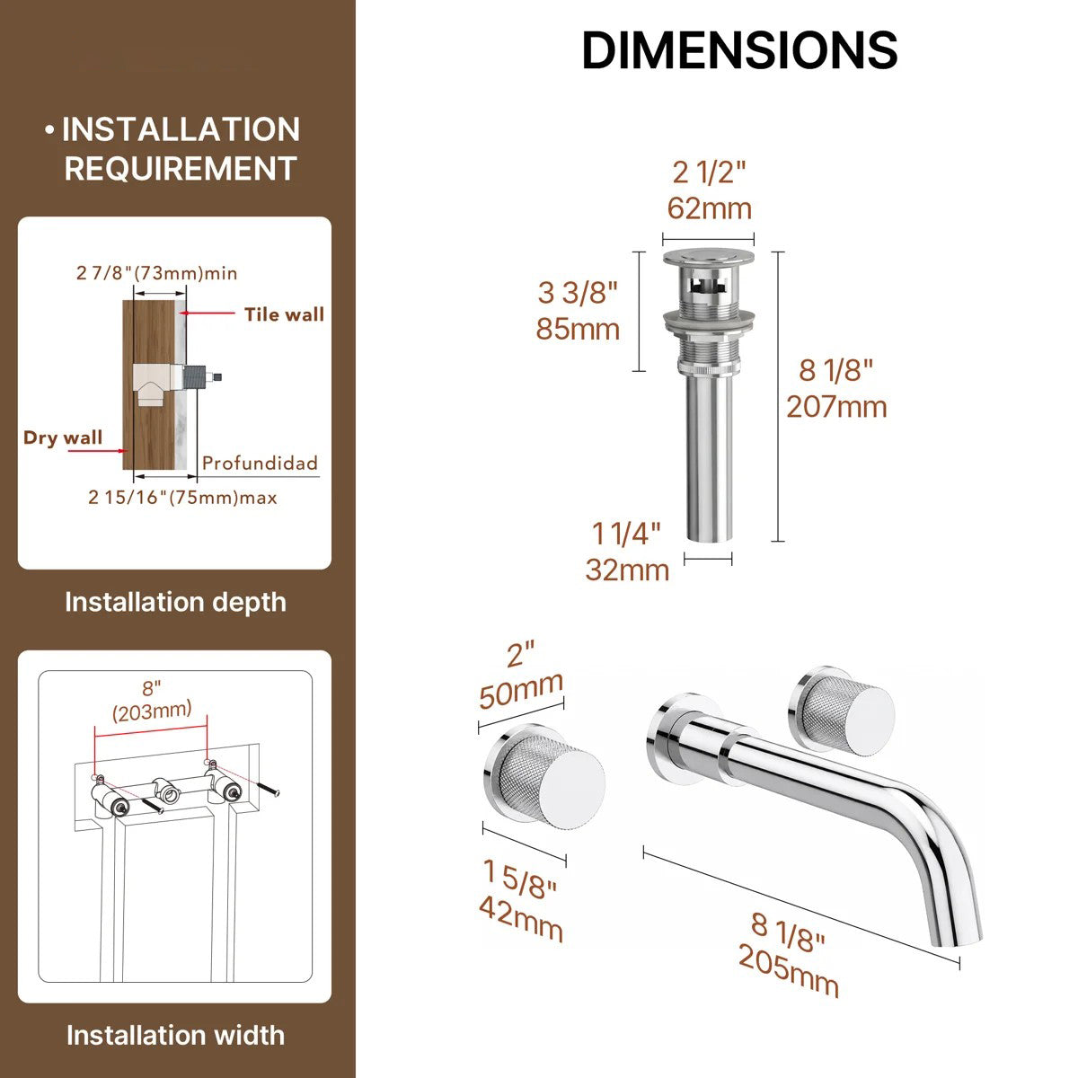 Wall Mounted Bathroom Faucet 3 Hole,2-Handle Bathroom Sink Faucet with Drain Assembly, Chrome LP001012-YS - Chrome