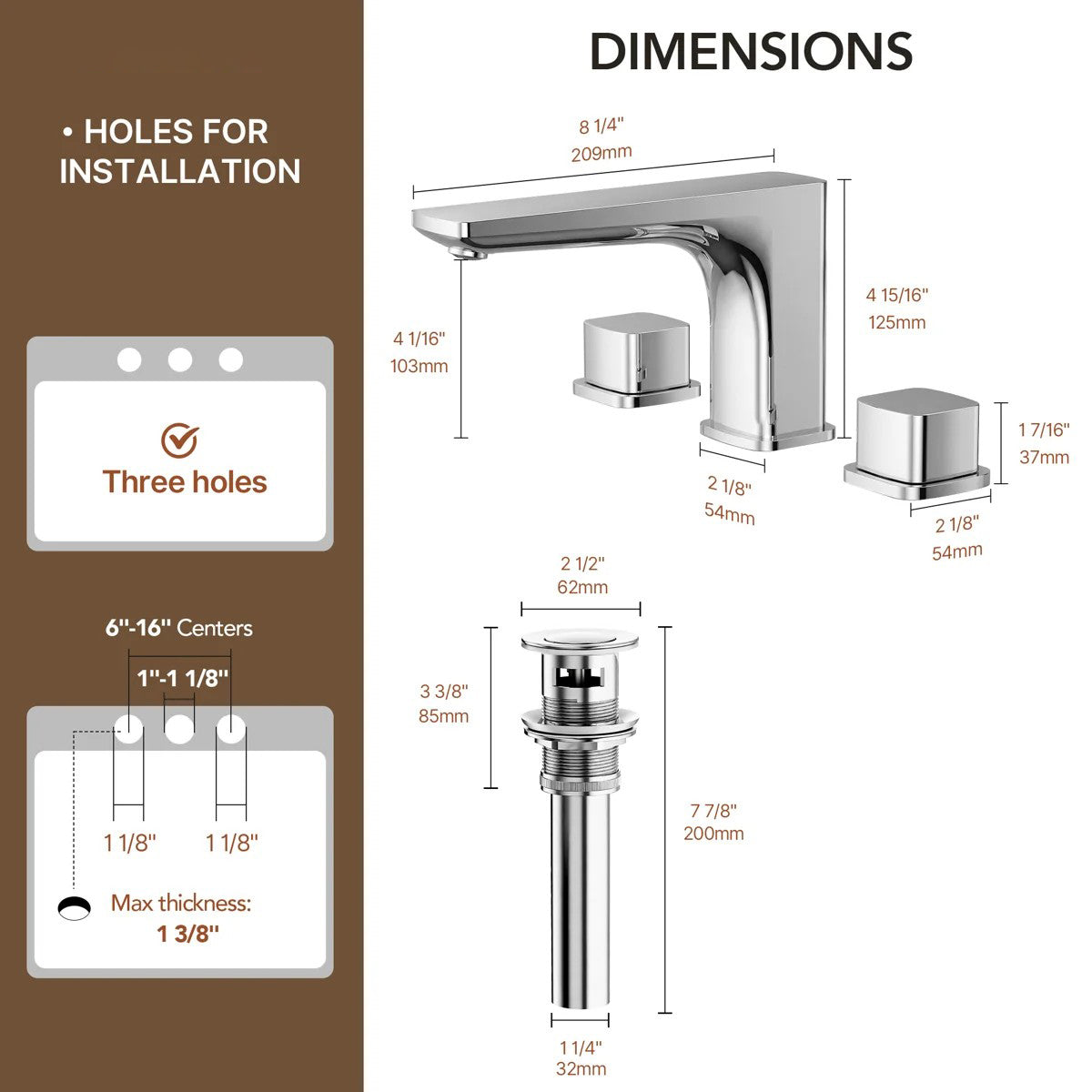 Widespread Bathroom Faucet 3 Hole, 2-handle Bathroom Sink Faucet with Drain Assembly LP022101-YS - Chrome