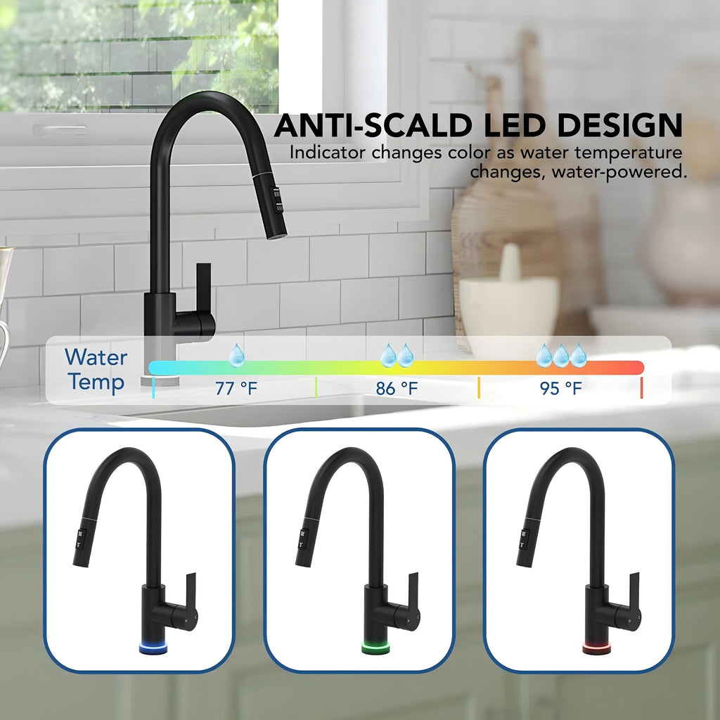 Pull Down Sprayer Kitchen Sink Faucet, Single Handle Kitchen Faucet with LED Light Base LP33031-CF - Matte Black