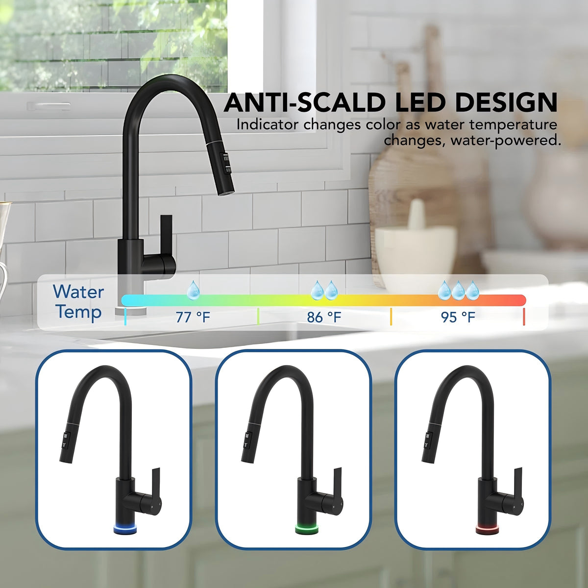 Pull Down Sprayer Kitchen Sink Faucet, Single Handle Kitchen Faucet with LED Light Base LP33031-CF - Matte Black