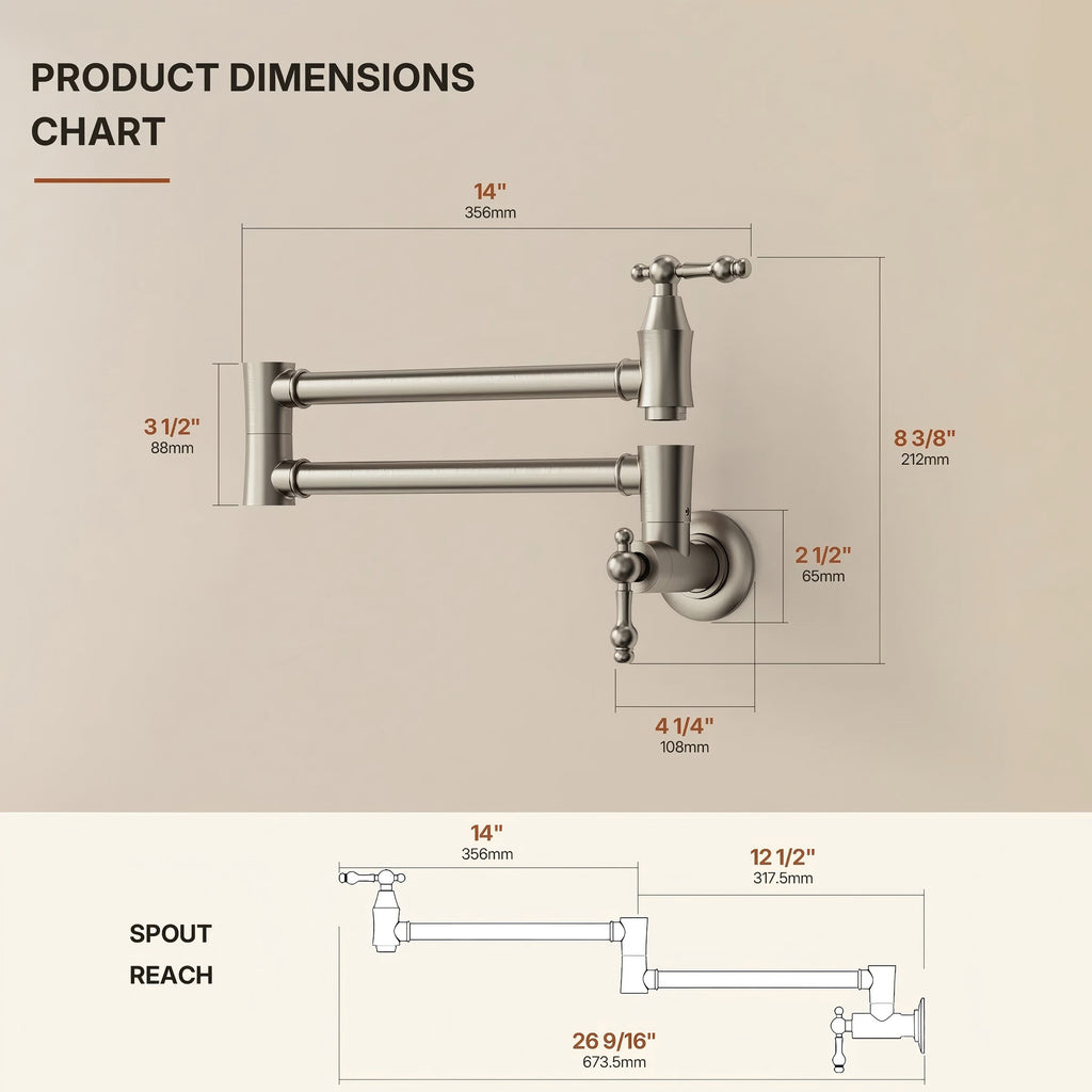Wall Mount Swing Arm Folding Pot Filler Kitchen Faucet, 2-Handle Kitchen Faucet for Stove Use LP09-CFK - Brushed Nickel