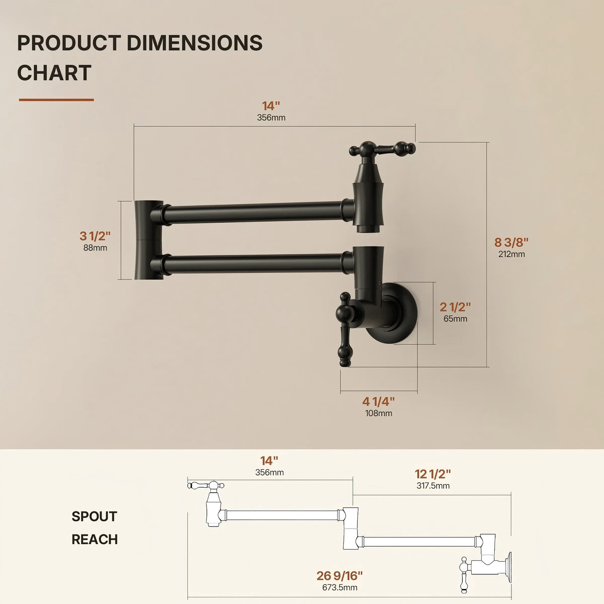 Wall Mount Swing Arm Folding Pot Filler Kitchen Faucet, 2-Handle Kitchen Faucet for Stove Use LP98-CF - Matte Black