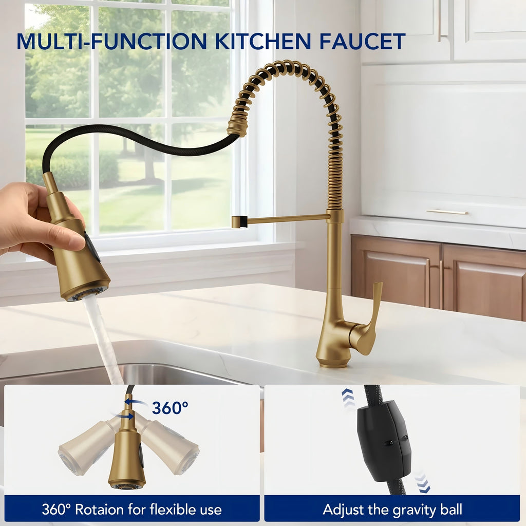 Commercial-Style 2-Function Pull-Down Single-Handle Kitchen Faucet LP0611-CF - Brushed Gold