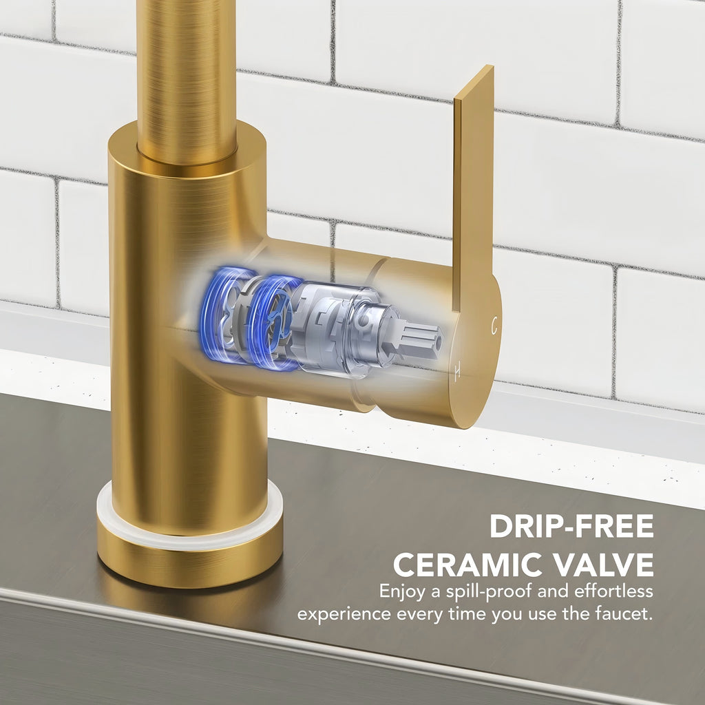Pull Down Sprayer Kitchen Sink Faucet, Single Handle Kitchen Faucet with LED Light Base LP330088-CF- Brushed Gold