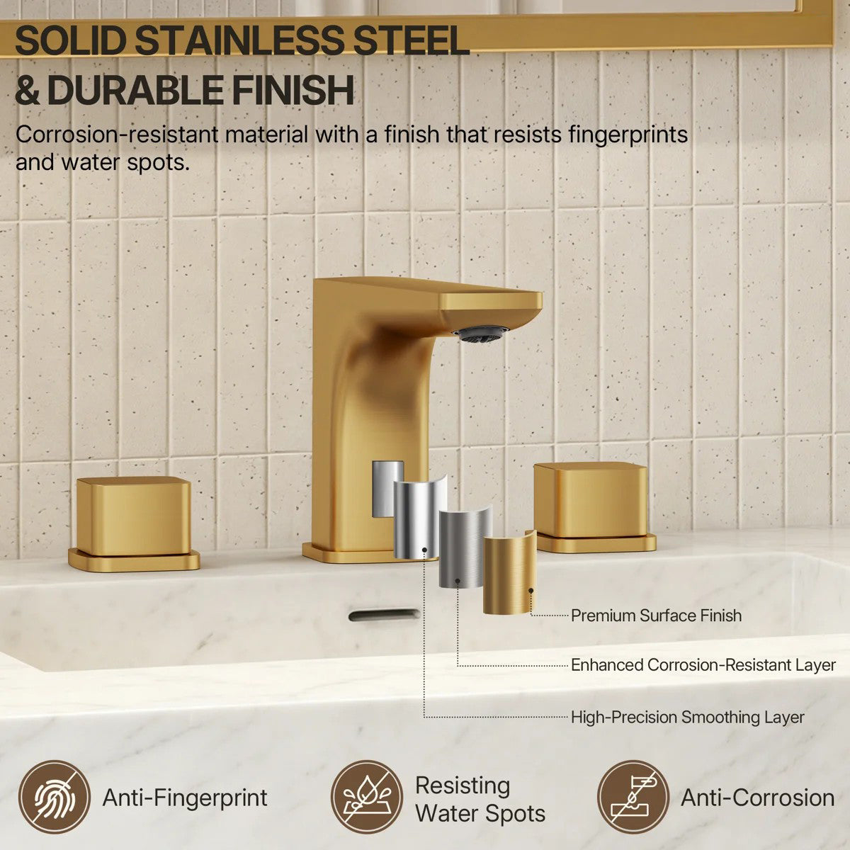 Widespread Bathroom Faucet 3 Hole, 2-handle Bathroom Sink Faucet with Drain Assembly LP088903-CF - Brushed Gold