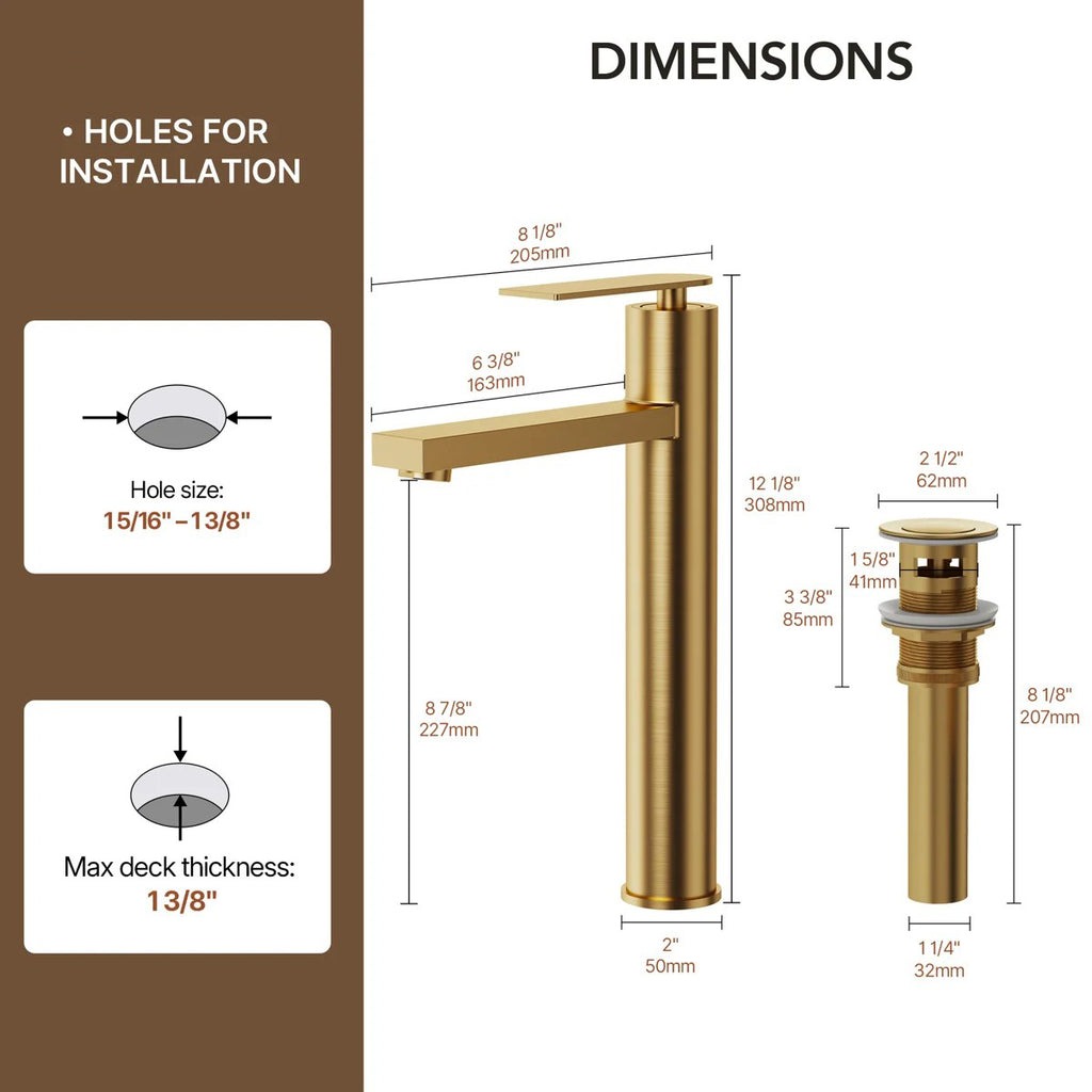Single Hole Vessel Bathroom Faucet, Single Handle Vessel Bathroom Sink Faucet with Drain Assembly LP00985-YS - Brushed Gold