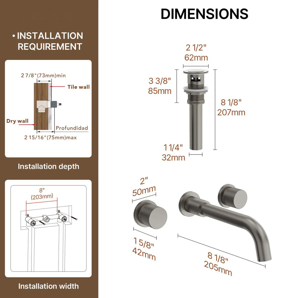 Wall Mounted Bathroom Faucet 3 Hole,2-Handle Bathroom Sink Faucet with Drain Assembly, Brushed Nickel LP0019103-YS - Brushed Nickel