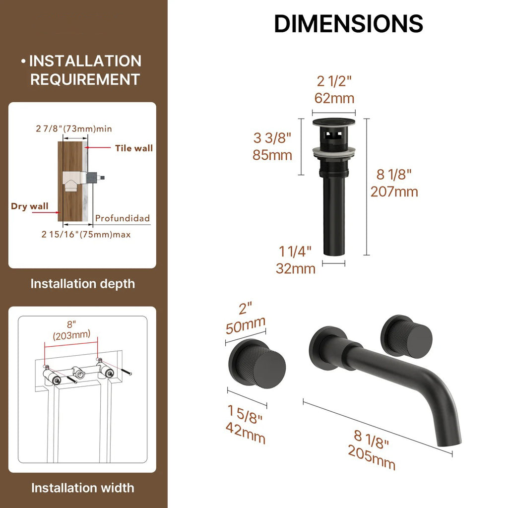 Wall Mounted Bathroom Faucet 3 Hole,2-Handle Bathroom Sink Faucet with Drain Assembly, Matte Black LP01019883-YS - Matte Black