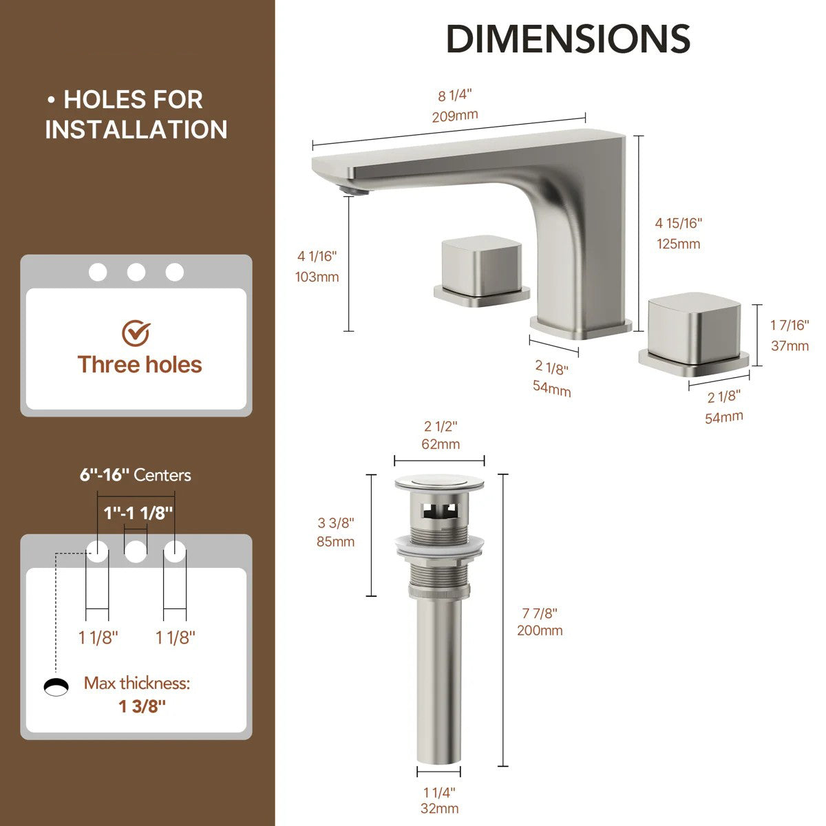 Widespread Bathroom Faucet 3 Hole, 2-handle Bathroom Sink Faucet with Drain Assembly LP0113109-YS- Brushed Nickel