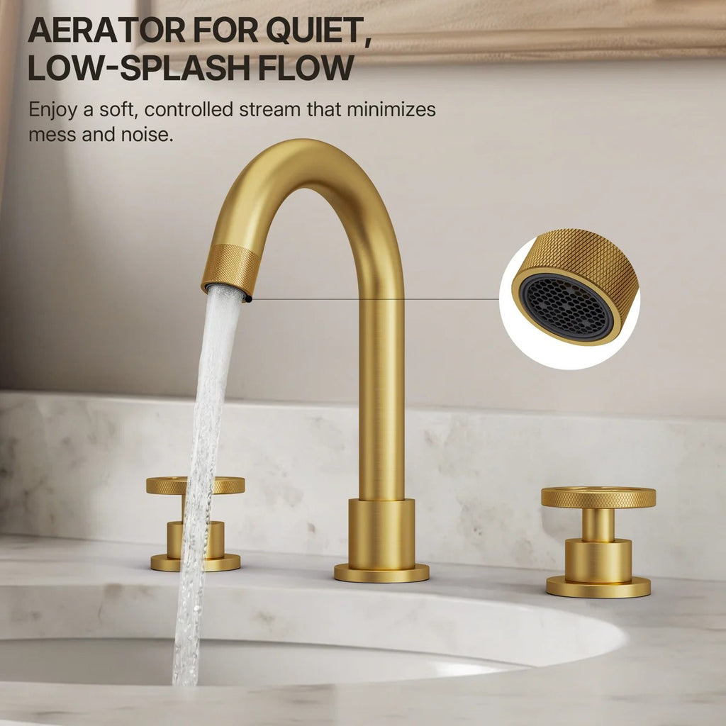 Widespread 3-Hole Bathroom Sink Faucet, 2-Handle Faucet with Wheel Knob Handles and Drain Assembly LP0916-YS - Brushed Gold
