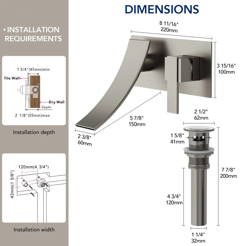 Wall Mounted Bathroom Faucet, Single-handle Bathroom Sink Faucet with Drain Assembly LP99801-YS- Brushed Nickel