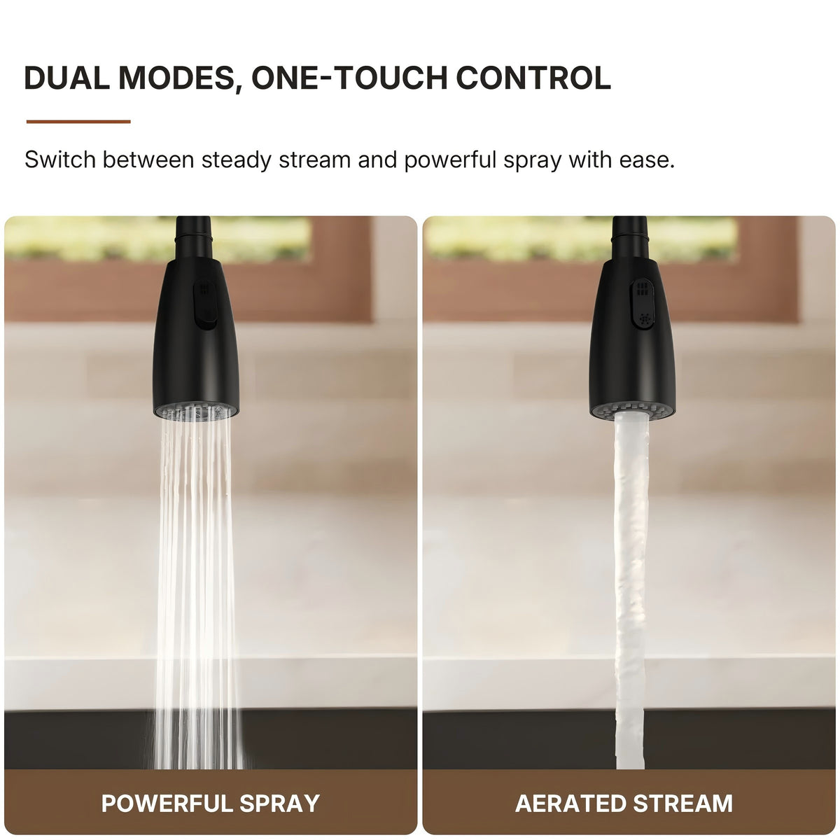 Commercial Dual-Function Pull Down Kitchen Faucet with High Arc Spring Spout LP0557-CFK - Matte Black
