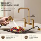Bridge Kitchen Faucet with Swivel Spout, 2-Handle Kitchen Faucet with Side Spray LP090-CF - Brushed Gold