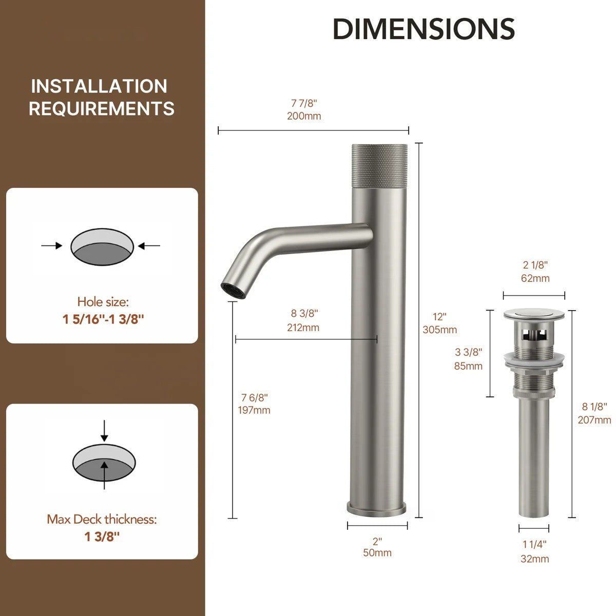 Single Hole Bathroom Vessel Faucet, Single Handle Bathroom Vessel Sink Faucet with Drain Assembly LP0229983-YS - Brushed Nickel