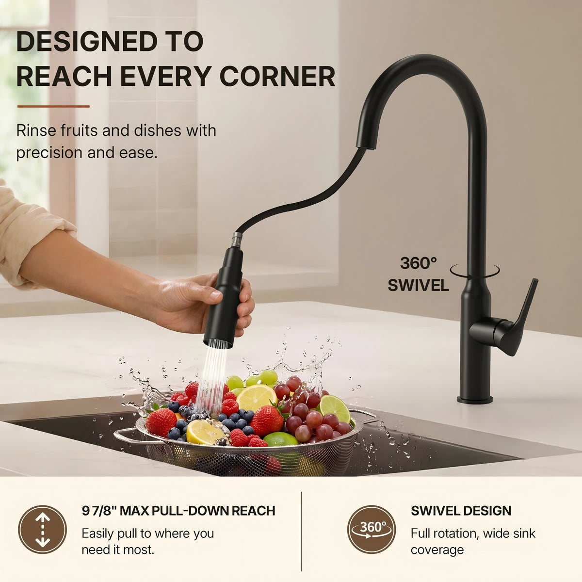 Dual-Function Single-Handle Pull-Down Kitchen Faucet with Swivel SpoutLP134-CF - Matte Black