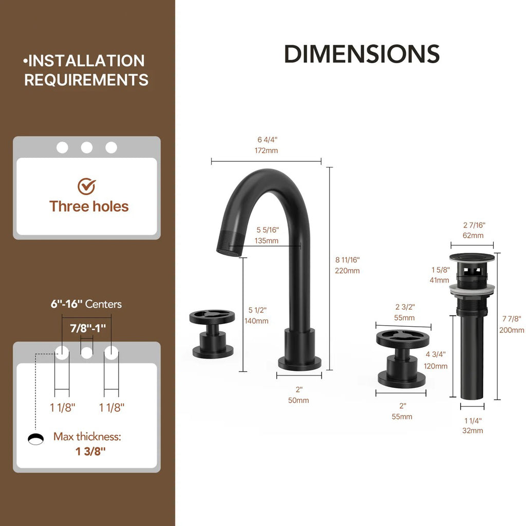 Widespread 3-Hole Bathroom Sink Faucet, 2-Handle Faucet with Wheel Knob Handles and Drain Assembly LP091-YS - Matte Black