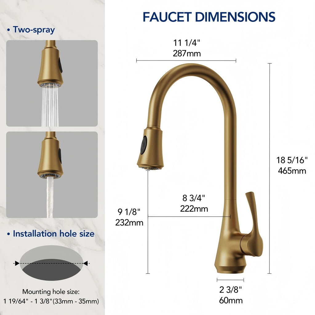 Pull Down Kitchen Sink Faucet, Single Handle Kitchen Faucet with Swivel Spout LP0776-CF - Brushed Gold