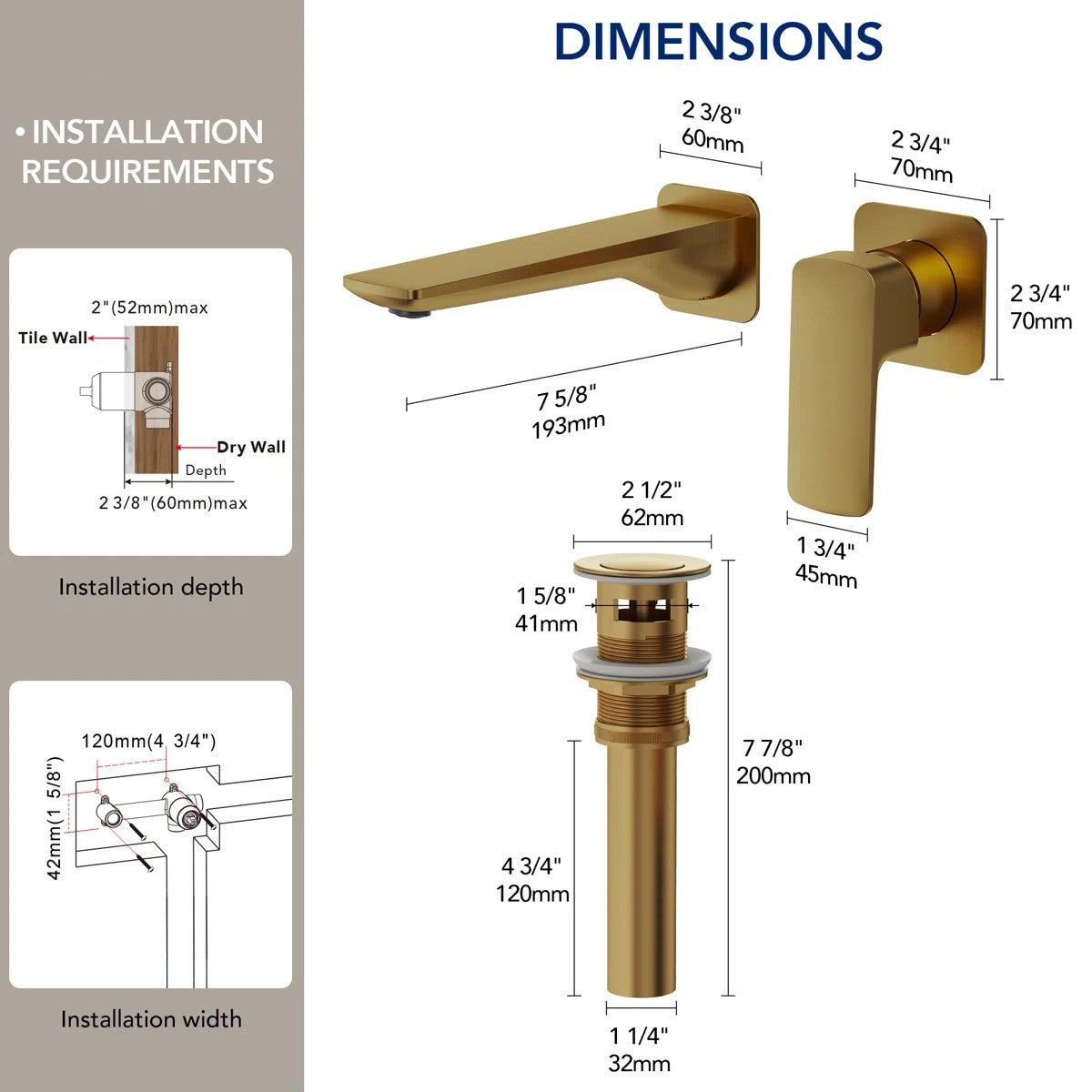 Wall Mounted Bathroom Faucet, Single-handle Bathroom Sink Faucet with Drain Assembly LP12-YS - Brushed Gold