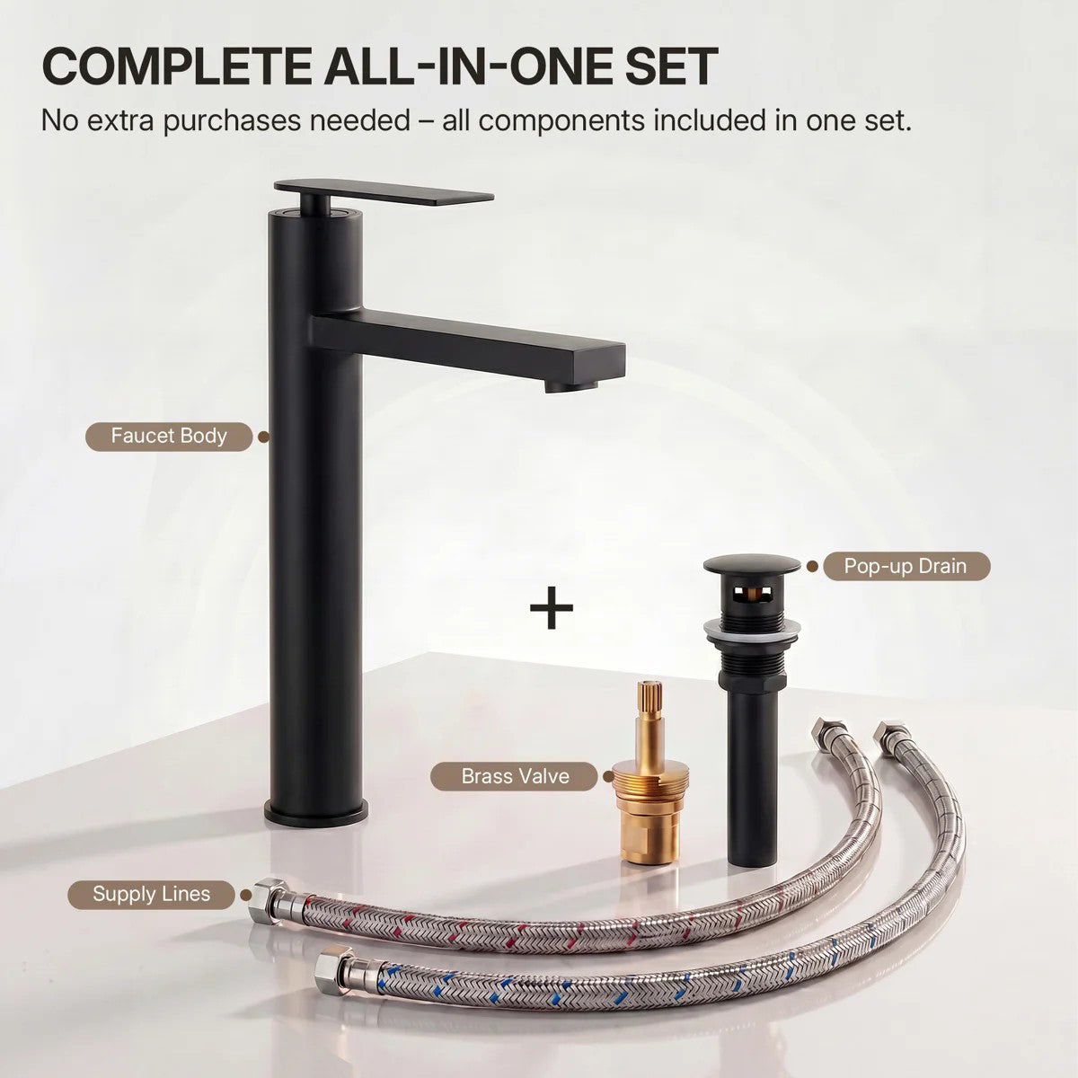 Single Hole Vessel Bathroom Faucet, Single Handle Vessel Bathroom Sink Faucet with Drain Assembly LP0095-YS - Matte Black