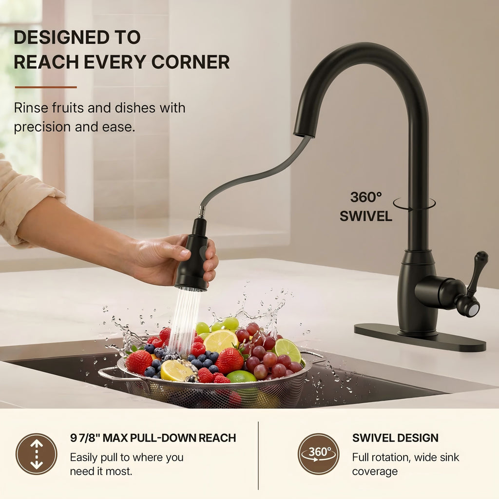 Pull-Down Kitchen Faucet with Deck Plate, Single Handle Sink Faucet with Sprayer LP099123-CFK- Matte Black