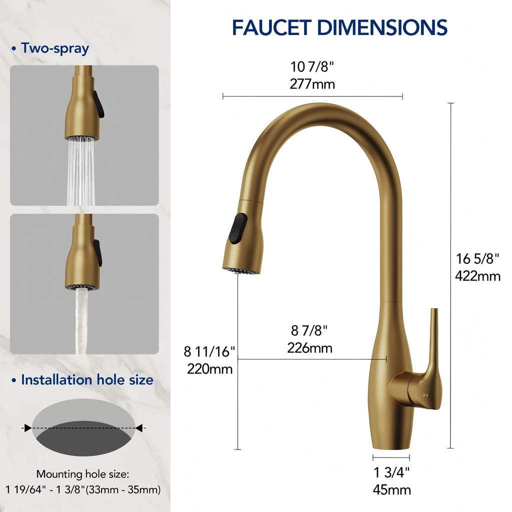 Dual-Function Single-Handle Pull-Down Kitchen Faucet with 360 Degree Swivel Spout LP0412-CF - Brushed Gold