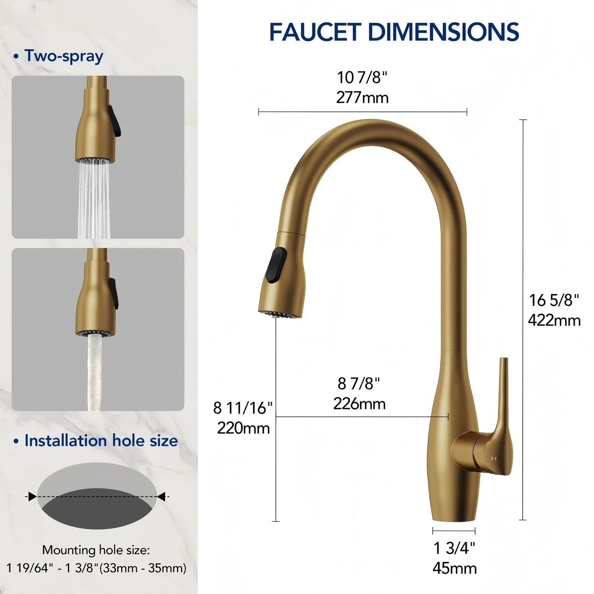 Dual-Function Single-Handle Pull-Down Kitchen Faucet with 360 Degree Swivel Spout LP0412-CF - Brushed Gold